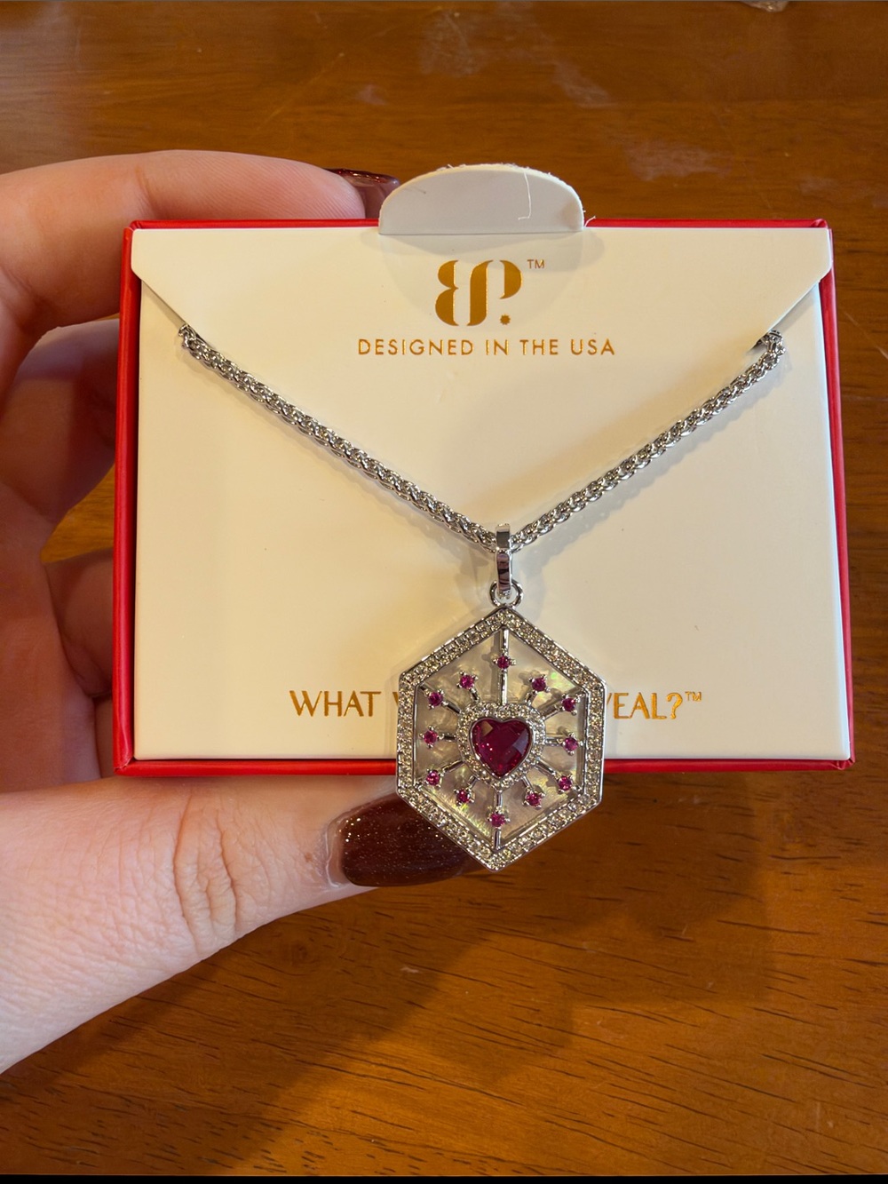 Silver Heart Hexagon Pendant Necklace with Ruby Accents